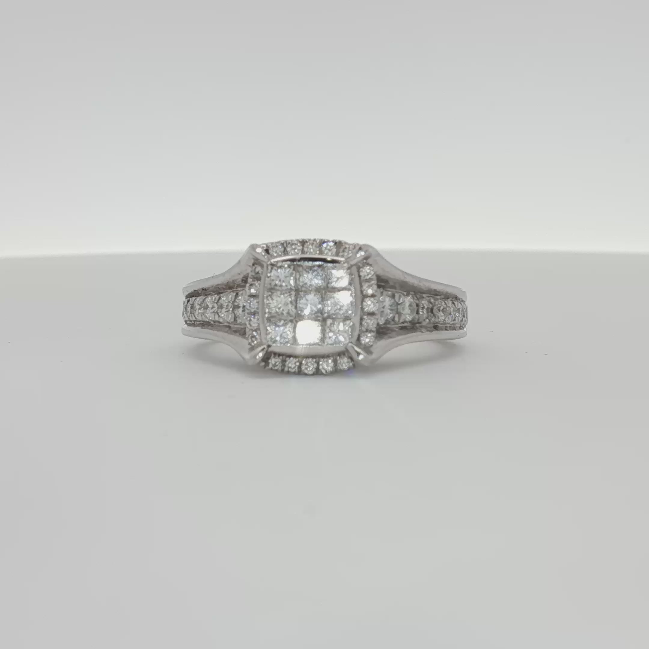 Load video: 14K White Gold Diamond Cluster Ring