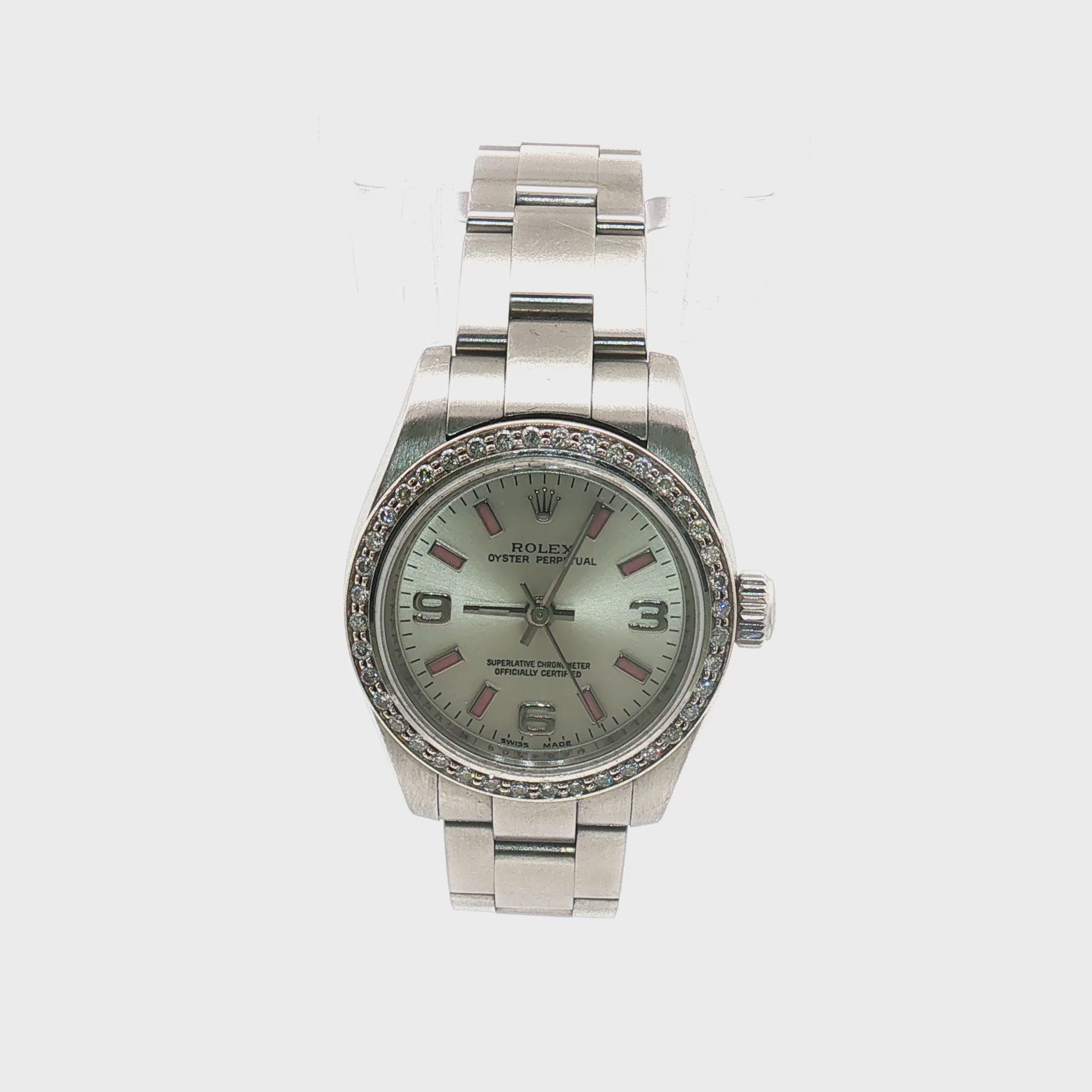 Load video: Rolex Oyster Perpetual Silver Pink Dial Diamond Bezel 26mm