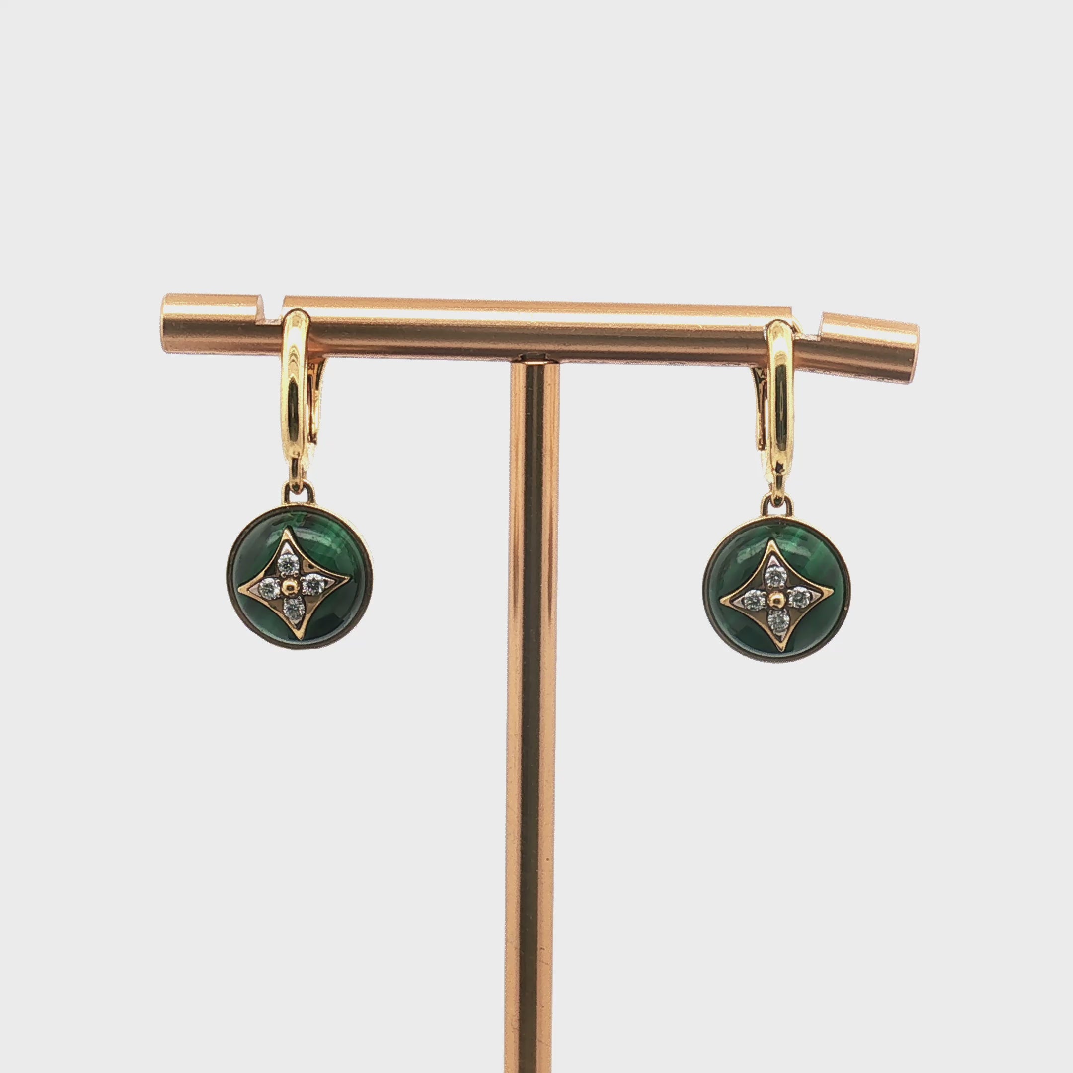 Load video: Louis Vuitton Blossom Malachite Diamond Drop Earrings in 18K Yellow Gold