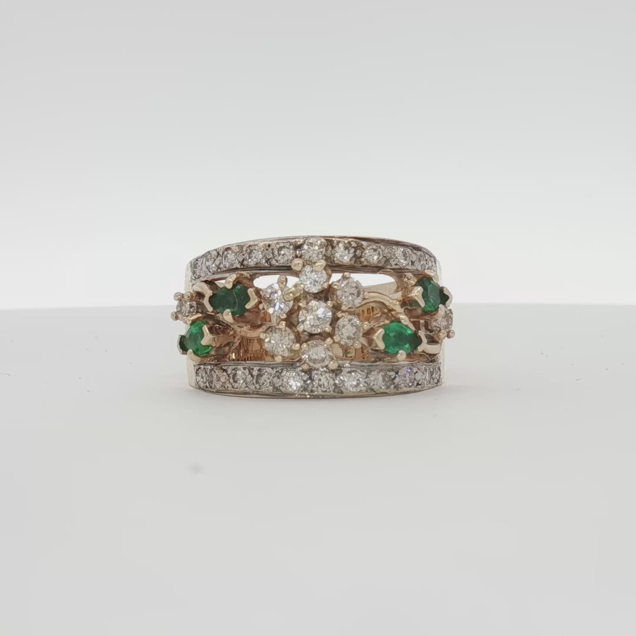 Load video: 10K Yellow Gold Emerald &amp; Diamond Flower Cluster Ring